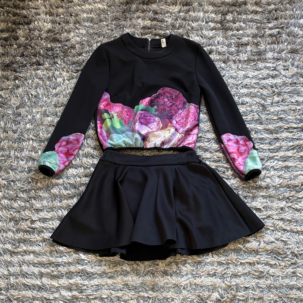 Black Two-Piece Crop Top & Skater Skirt Set with Pink-Green Floral Cuffs